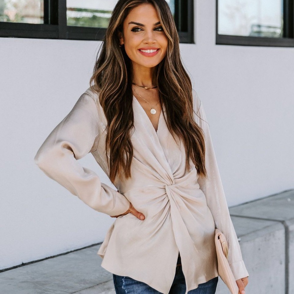 Vici | Taupe Satin Twist Blouse